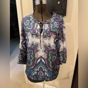 Talbots Silk Paisley Blouse Women sz 14 Pullover Blue White Pink Green